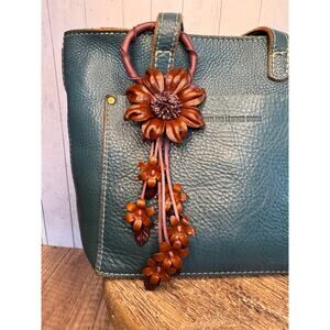 Leather Flower Purse Charm Genuine Leather Brown Daisy Bag Charm FAST SHIP NEW